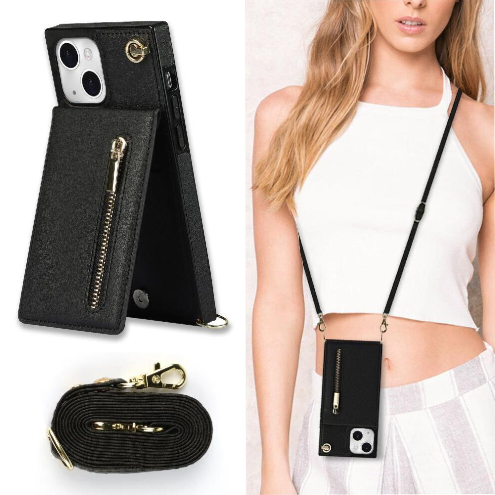 (Black) Case For Iphone 13 Zipper Wallet Holder Shockproof Long Strap Black 764549396610