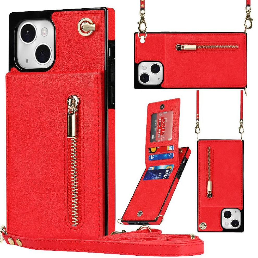 (Red) Case For Iphone 13 Zipper Wallet Holder Shockproof Long Strap Red 764549396627