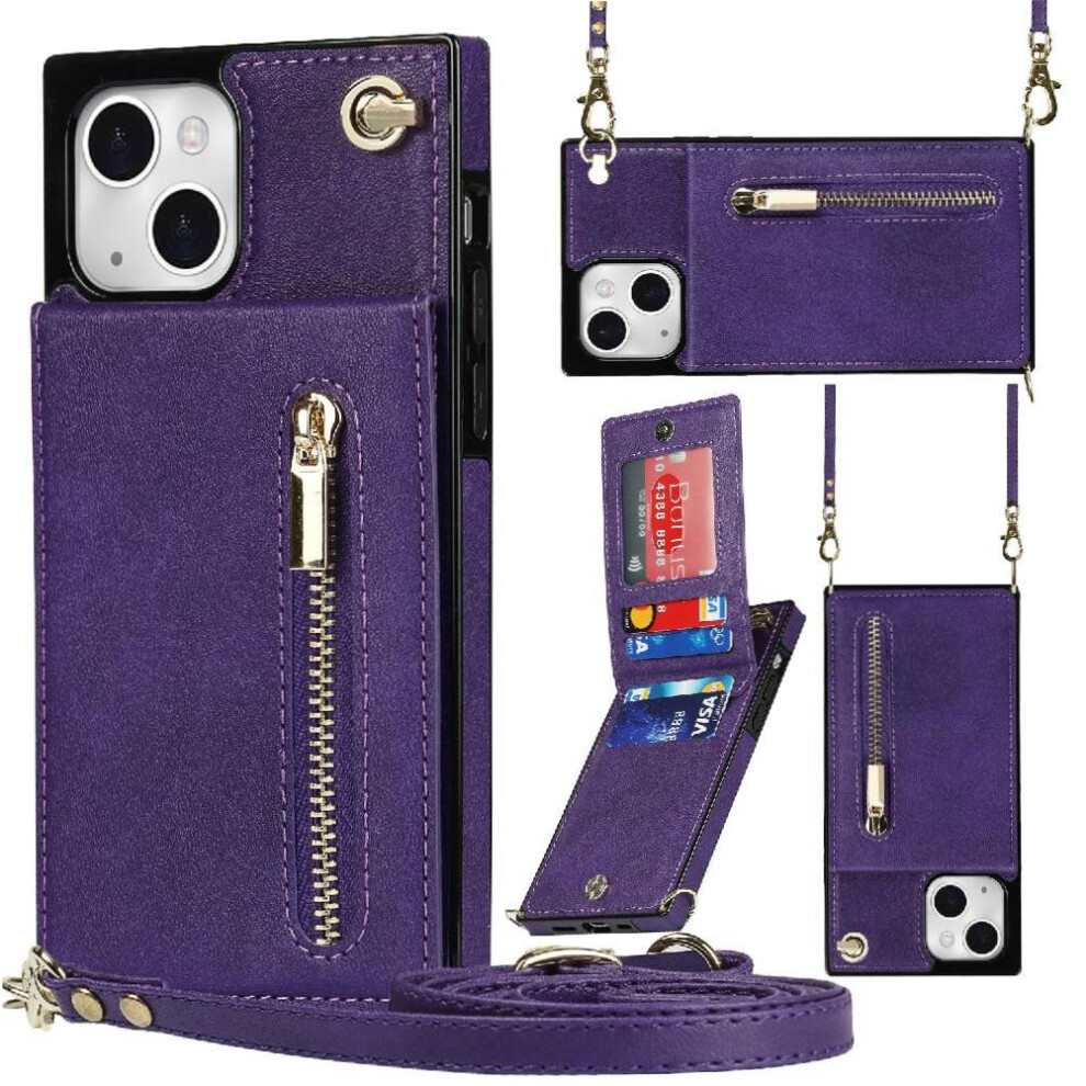 (Purple) Case For Iphone 13 Zipper Wallet Holder Shockproof Long Strap Purple 764549396658