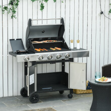 Outsunny Deluxe 5-Burner Gas BBQ Grill with Side Burner, Warming Rack & Cabinets – Large Cooking Area 846-066