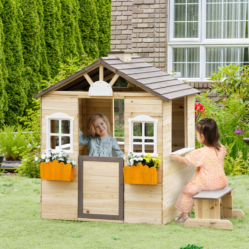 Outsunny Wooden Kids Playhouse W/ Door, Windows, Bench, For Ages 3-7 Years