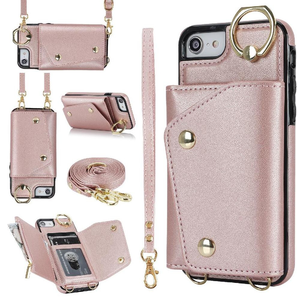 (Pink) Case For Iphone Se 2020/2022 Shockproof Wallet Wristband Long Strap Card Slot Pink 764549400058