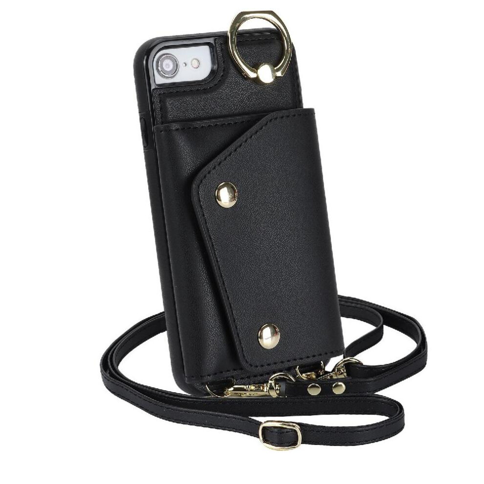 (Black) Case For Iphone Se 2020/2022 Shockproof Wallet Wristband Long Strap Card Slot Black 764549400027