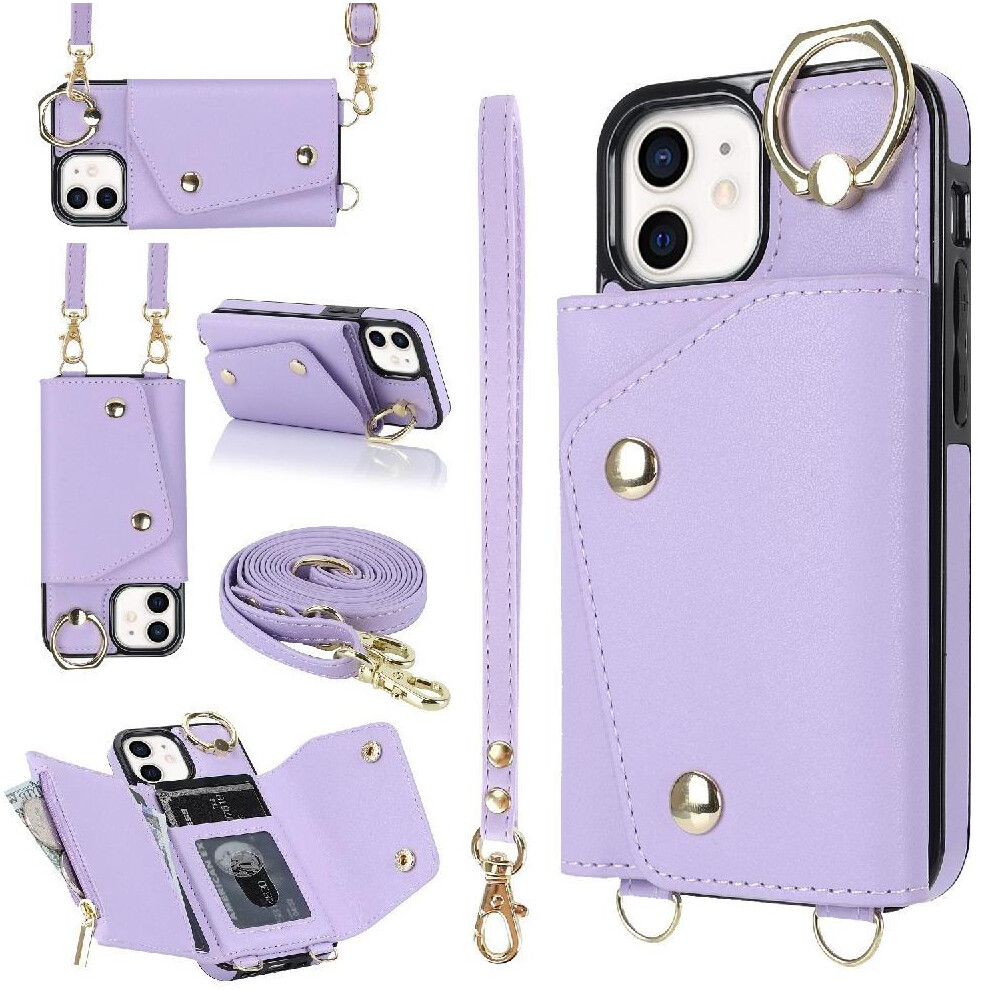(Purple) Case For Iphone 12 Wristband Wallet Card Slot Long Strap Shockproof Purple 764549400362