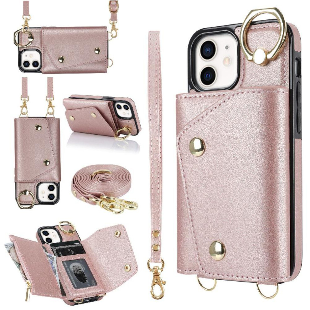 (Pink) Case For Iphone 12 Wristband Wallet Card Slot Long Strap Shockproof Pink 764549400355