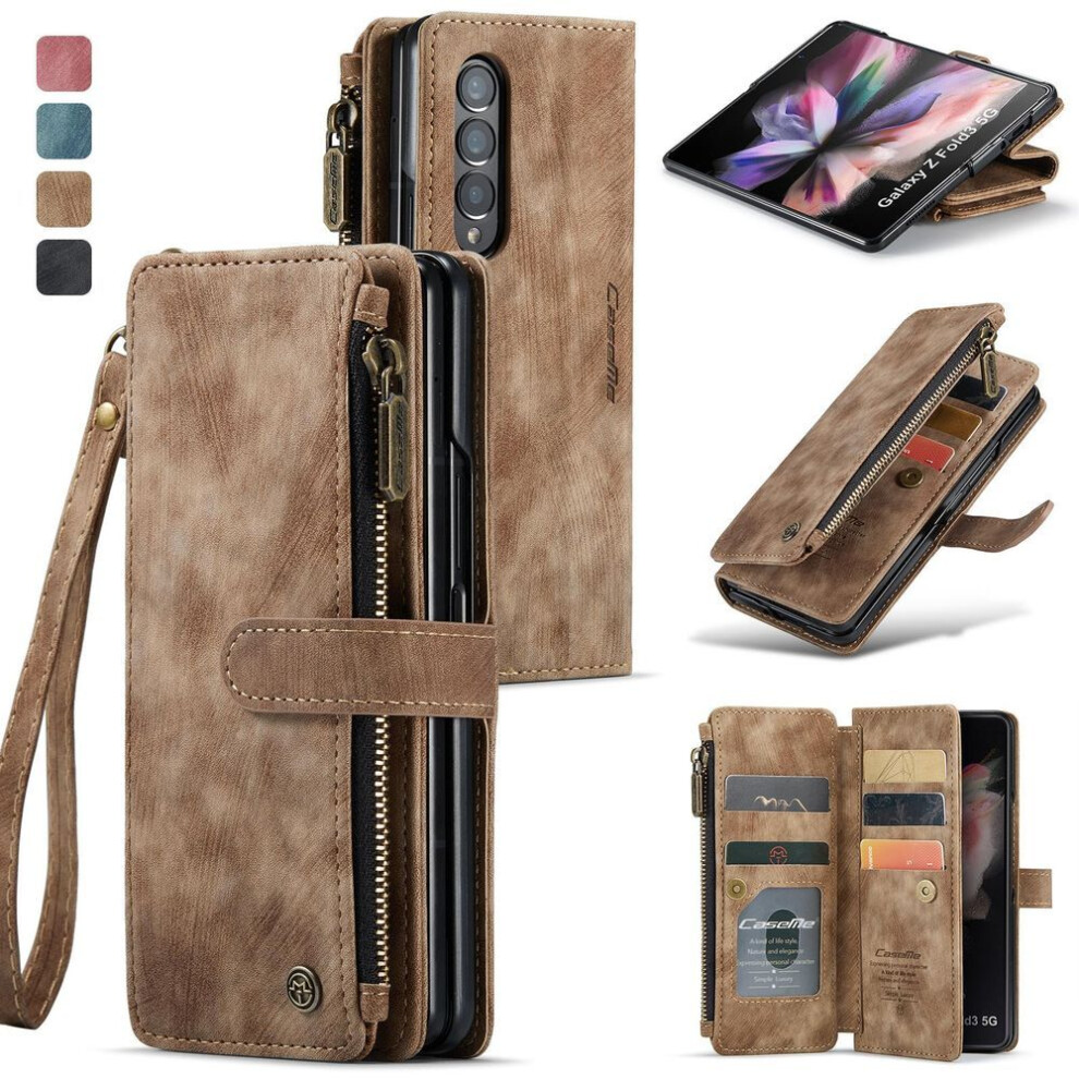 (brown, Samsung Z Fold 3) Anti-slip Card Pocket Leather Wallet Folding Case For Samsung Galaxy Z Fold4 Fold 4 Fold3 5g Fold 3 Drop Protection Cover Coque
