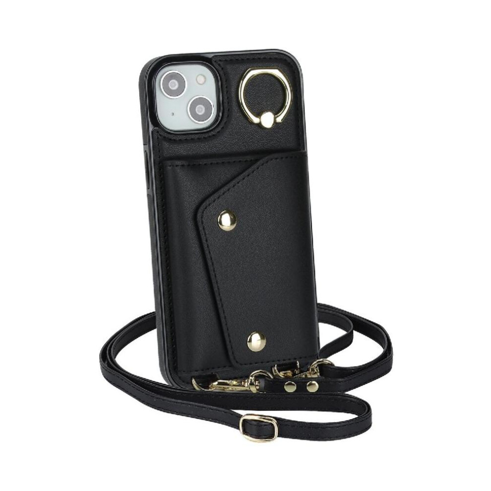 (Black) Case For Iphone 14 Shockproof Wristband Long Strap Wallet Card Slot Black 764549400980