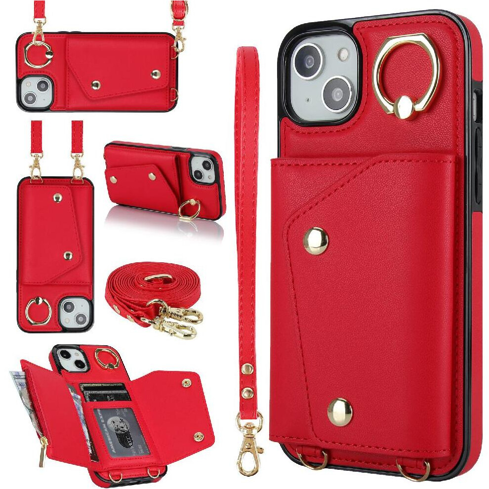 (Red) Case For Iphone 15 Card Slot Long Strap Wristband Shockproof Wallet Red 764549401062