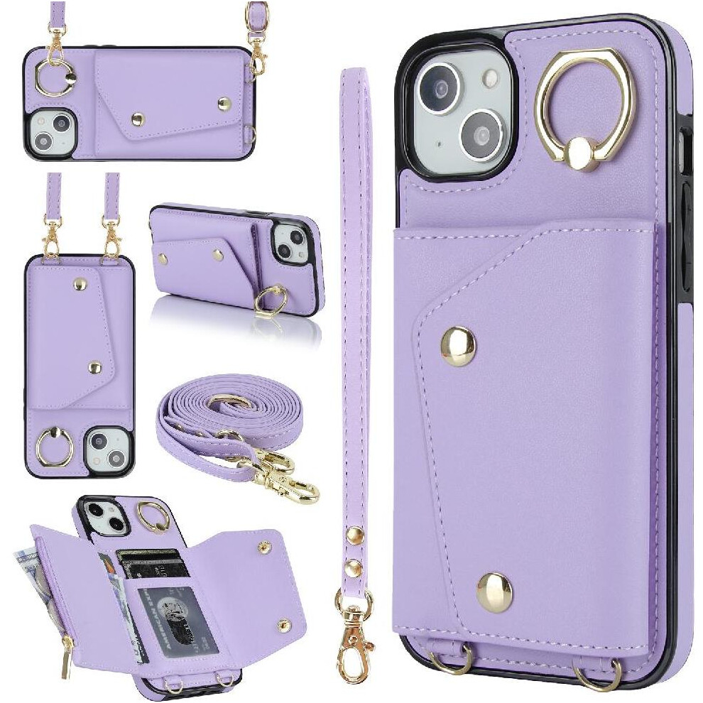 (Purple) Case For Iphone 15 Card Slot Long Strap Wristband Shockproof Wallet Purple 764549401086