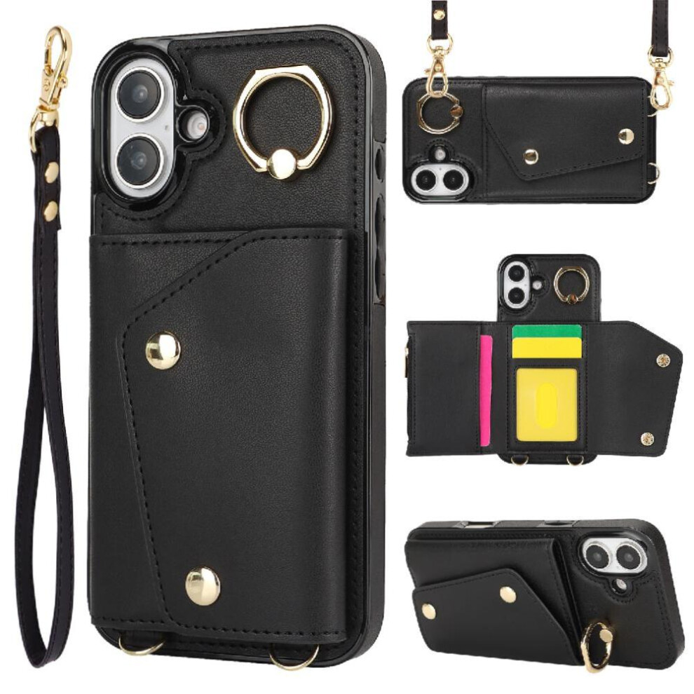 (Black) Case For Iphone 16 Card Slot Long Strap Wristband Shockproof Wallet Black 764549401468
