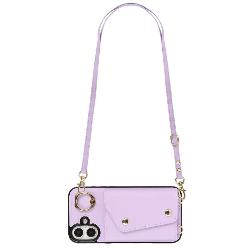 (Purple) Case For Iphone 16 Card Slot Long Strap Wristband Shockproof Wallet Purple 764549401505