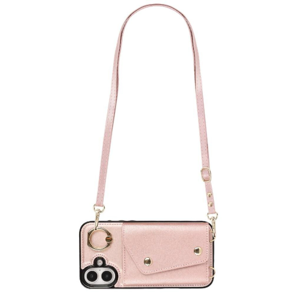 (Pink) Case For Iphone 16 Card Slot Long Strap Wristband Shockproof Wallet Pink 764549401499