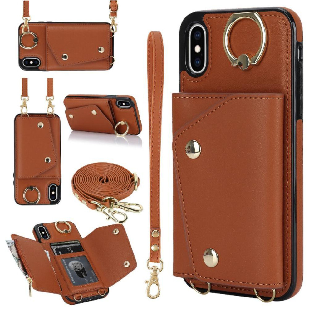(Brown) Case For Iphone X/Xs Shockproof Long Strap Wristband Wallet Card Slot Brown 764549401536