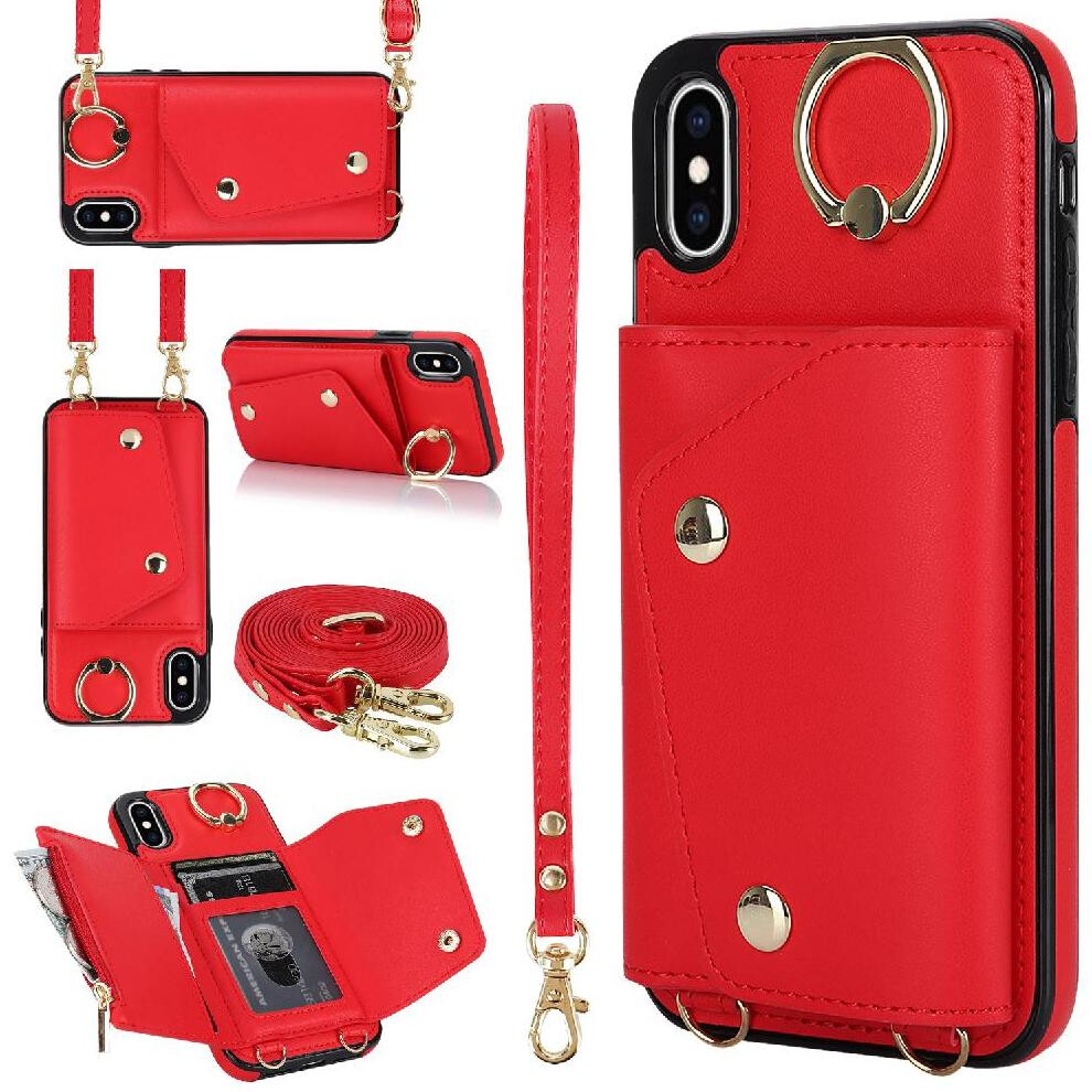 (Red) Case For Iphone X/Xs Shockproof Long Strap Wristband Wallet Card Slot Red 764549401543