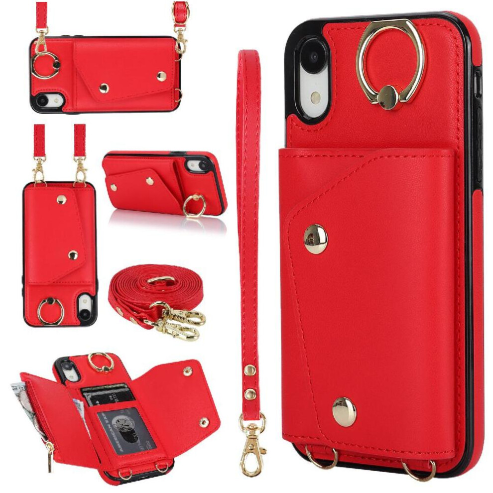 (Red) Case For Iphone Xr Long Strap Wristband Shockproof Card Slot Wallet Red 764549401604