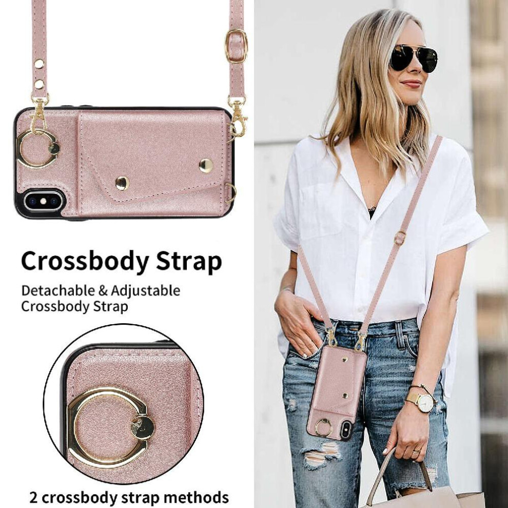 (Pink) Case For Iphone Xs Max Long Strap Wristband Wallet Shockproof Card Slot Pink 764549401673