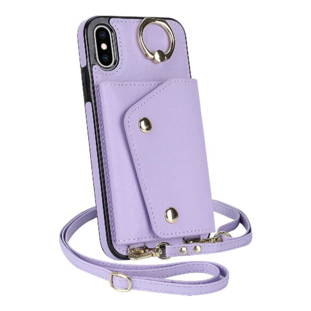 (Purple) Case For Iphone Xs Max Long Strap Wristband Wallet Shockproof Card Slot Purple 764549401680