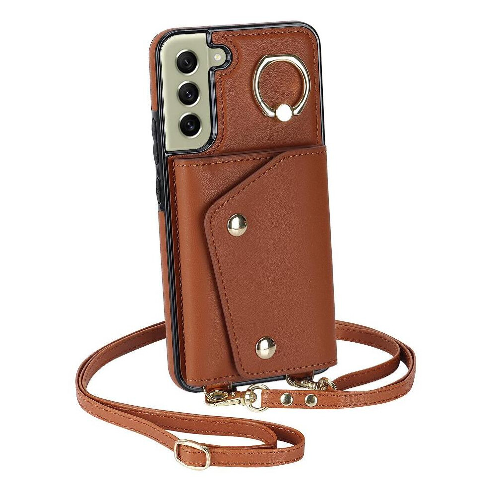(Brown) Case For Samsung Galaxy S21 Fe Card Slot Wristband Wallet Shockproof Long Strap Brown 764549402076