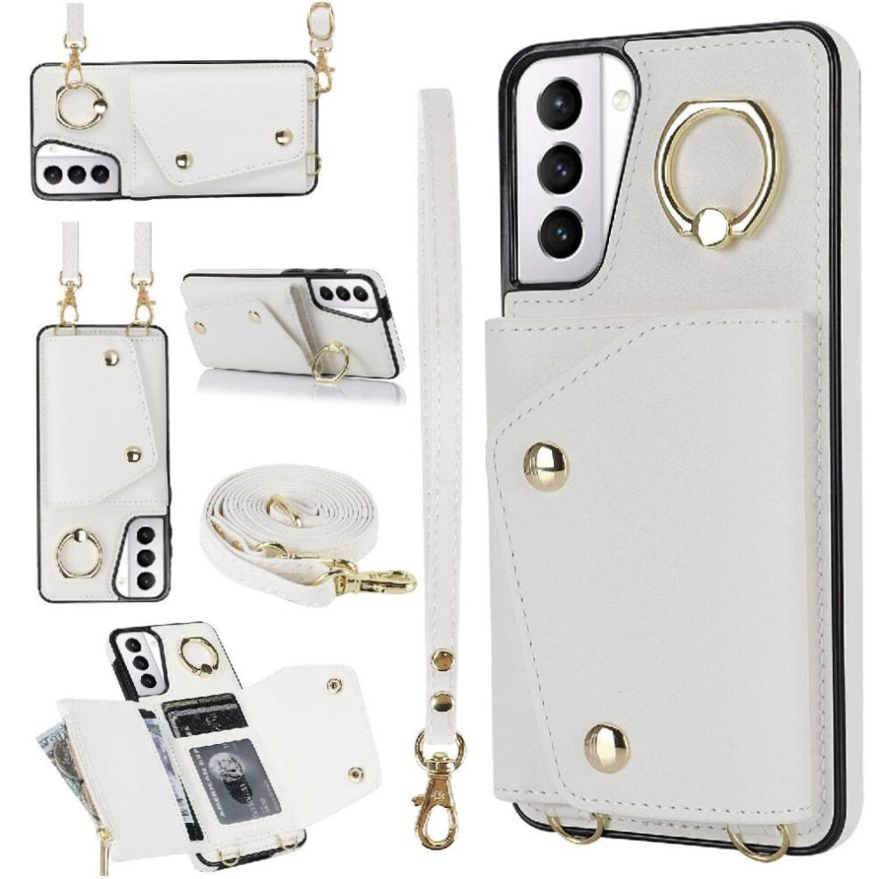 (White) Case For Samsung Galaxy S21 Long Strap Wallet Card Slot Shockproof Wristband White 764549402175
