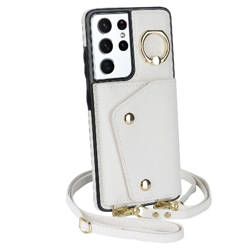 (White) Case For Samsung Galaxy S21 Ultra Wallet Wristband Long Strap Shockproof Card Slot White 764549402298