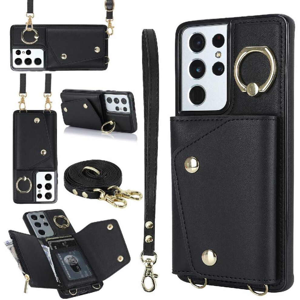 (Black) Case For Samsung Galaxy S21 Ultra Wallet Wristband Long Strap Shockproof Card Slot Black 764549402243