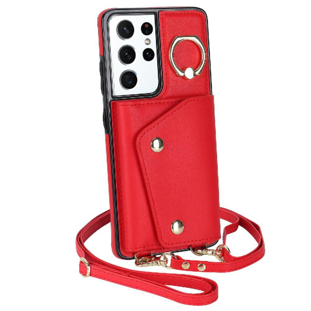 (Red) Case For Samsung Galaxy S21 Ultra Wallet Wristband Long Strap Shockproof Card Slot Red 764549402267