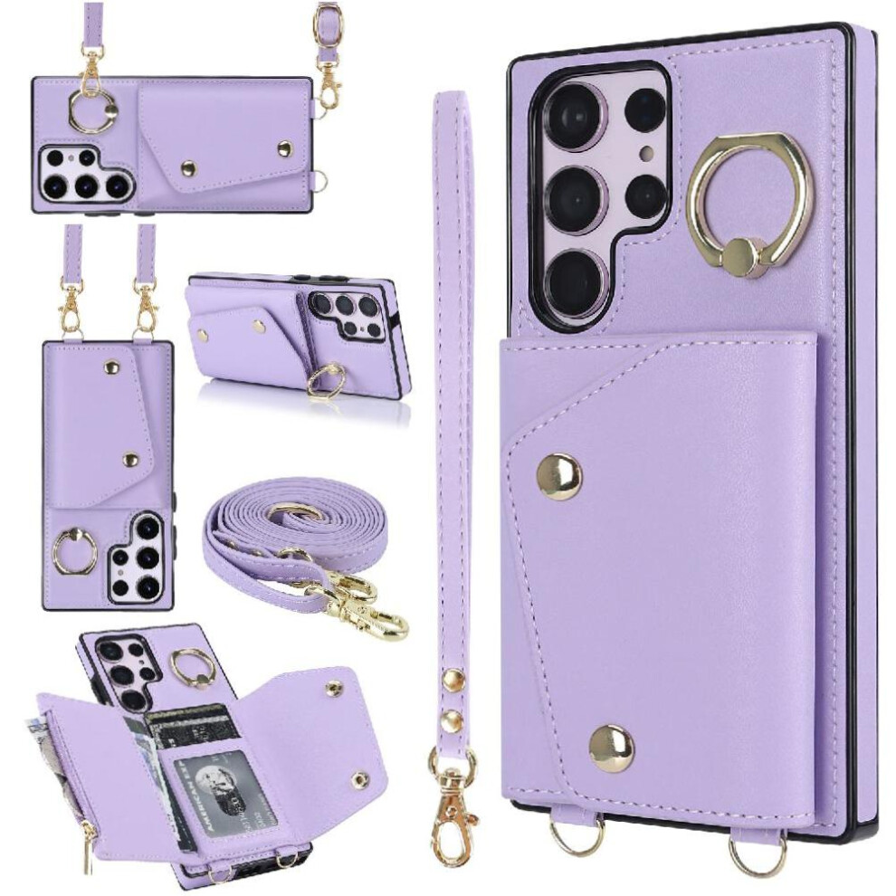 (Purple) Case For Samsung Galaxy S23 Ultra Wallet Wristband Shockproof Card Slot Long Strap Purple 764549402588