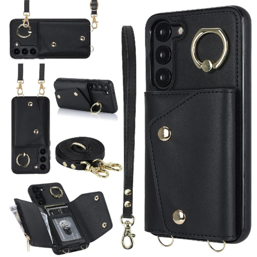 (Black) Case For Samsung Galaxy S23 Plus Wallet Shockproof Card Slot Long Strap Wristband Black 764549402724