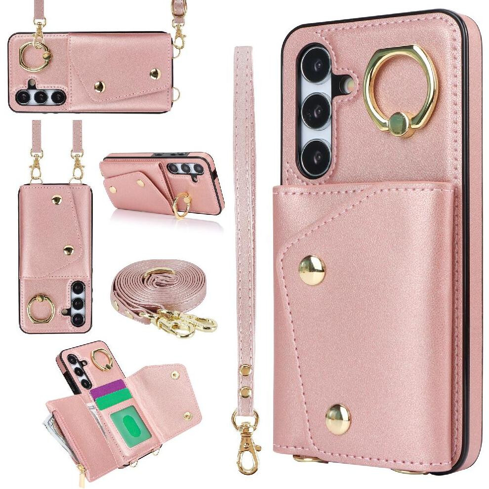 (Pink) Case For Samsung Galaxy S24 Long Strap Card Slot Wallet Wristband Shockproof Pink 764549402816