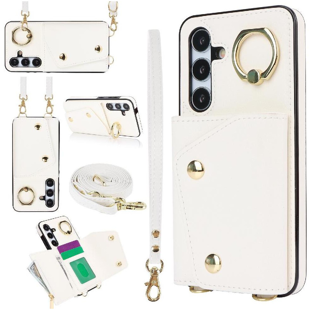 (White) Case For Samsung Galaxy S24 Long Strap Card Slot Wallet Wristband Shockproof White 764549402830
