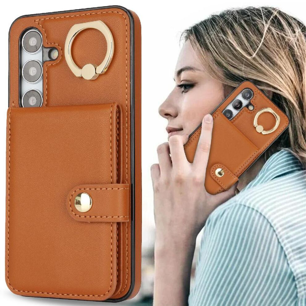 (Brown) Case For Samsung Galaxy S24 Rfid Ring Wallet Shockproof Card Slot Brown 764549402977