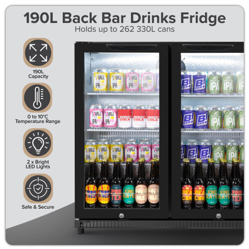 Baridi Back Bar Drinks Fridge with Hinged Double Door, 190L Capacity - DH272 2