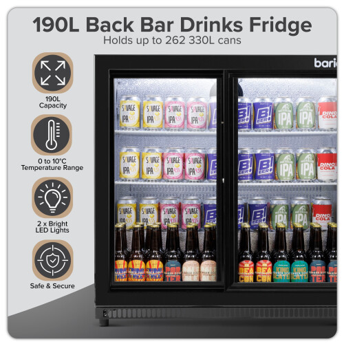 Baridi Back Bar Drinks Fridge/Cooler with Double Sliding Doors, 190L Capacity, Black - DH273 2