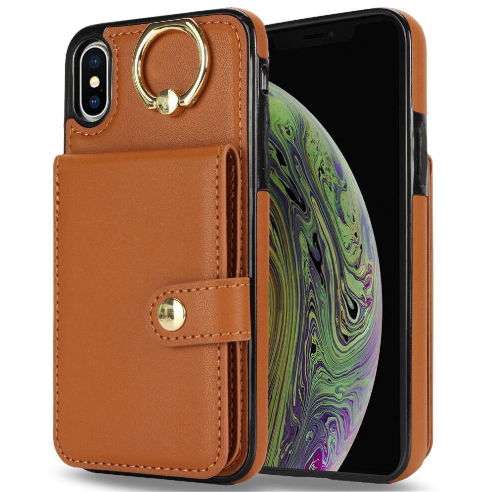 (Brown) Case For Iphone Xs Max Rfid Ring Shockproof Wallet Card Slot Brown 764549403677