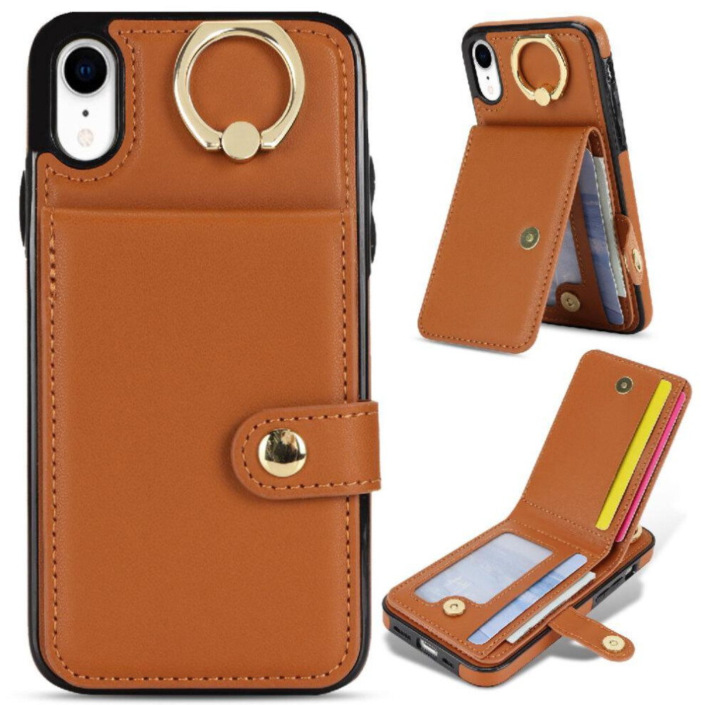 (Brown) Case For Iphone Xr Shockproof Wallet Card Slot Rfid Ring Brown 764549403721