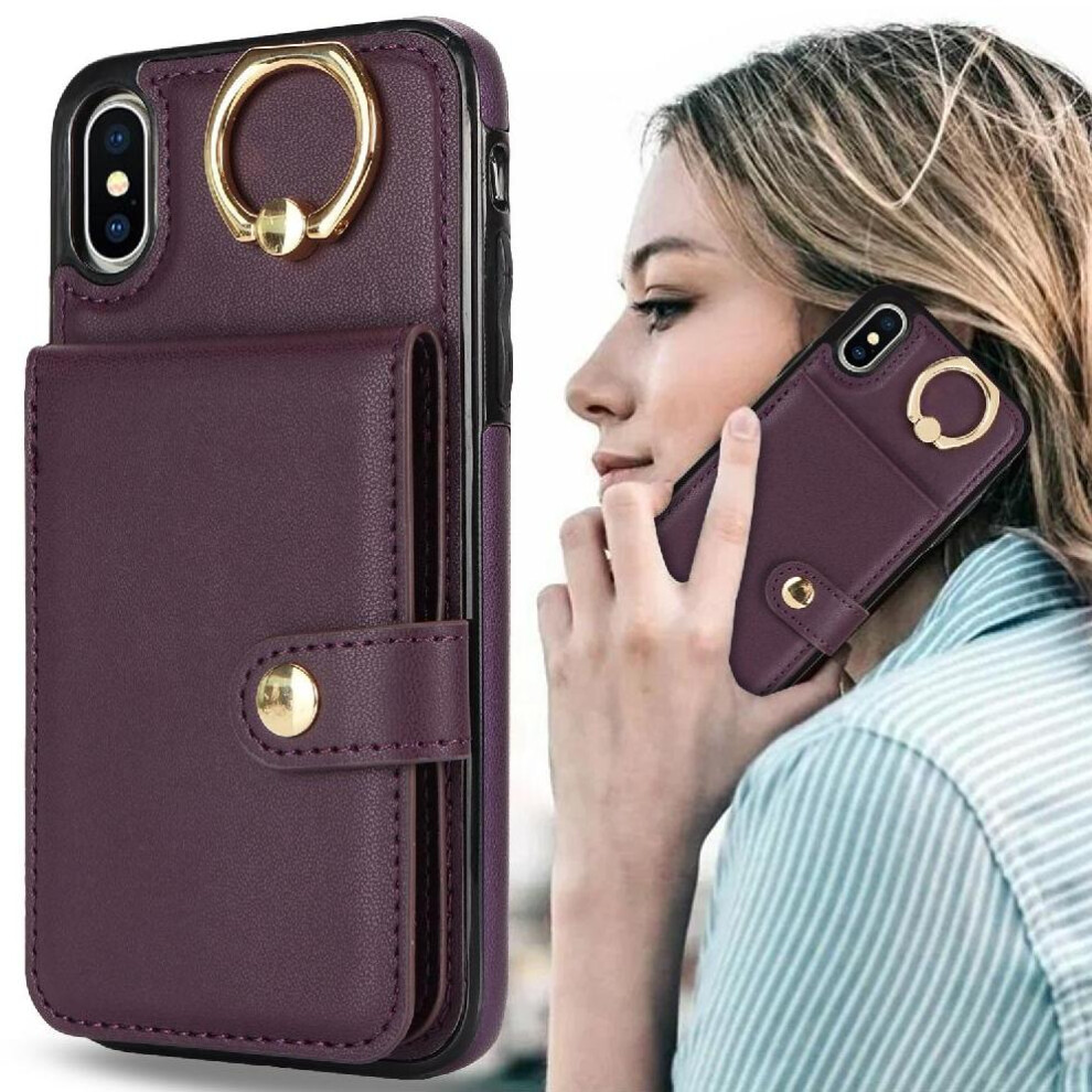 (Purple) Case For Iphone Xs Card Slot Ring Wallet Shockproof Rfid Purple 764549403769