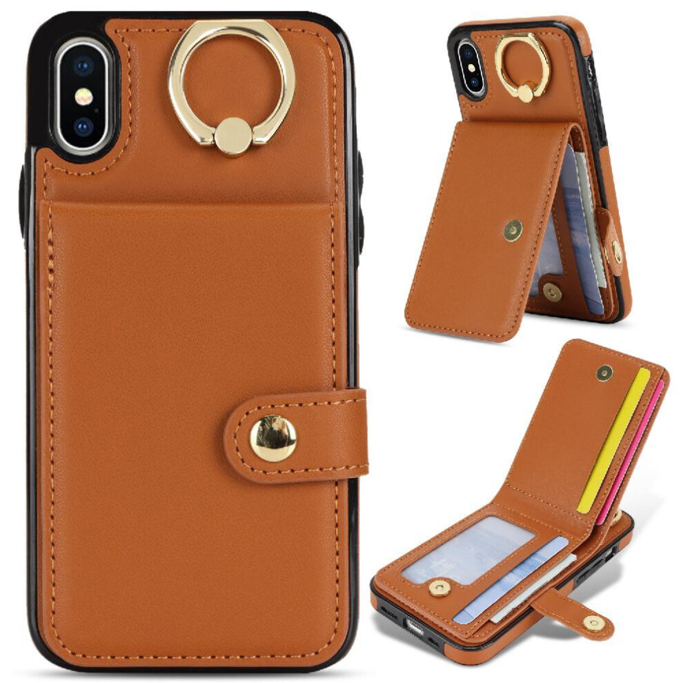 (Brown) Case For Iphone X Shockproof Wallet Card Slot Ring Rfid Brown 764549403820