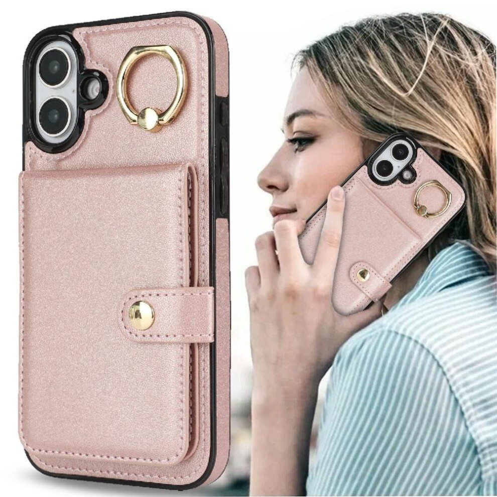 (Pink) Case For Iphone 16 Card Slot Shockproof Ring Wallet Rfid Pink 764549403882