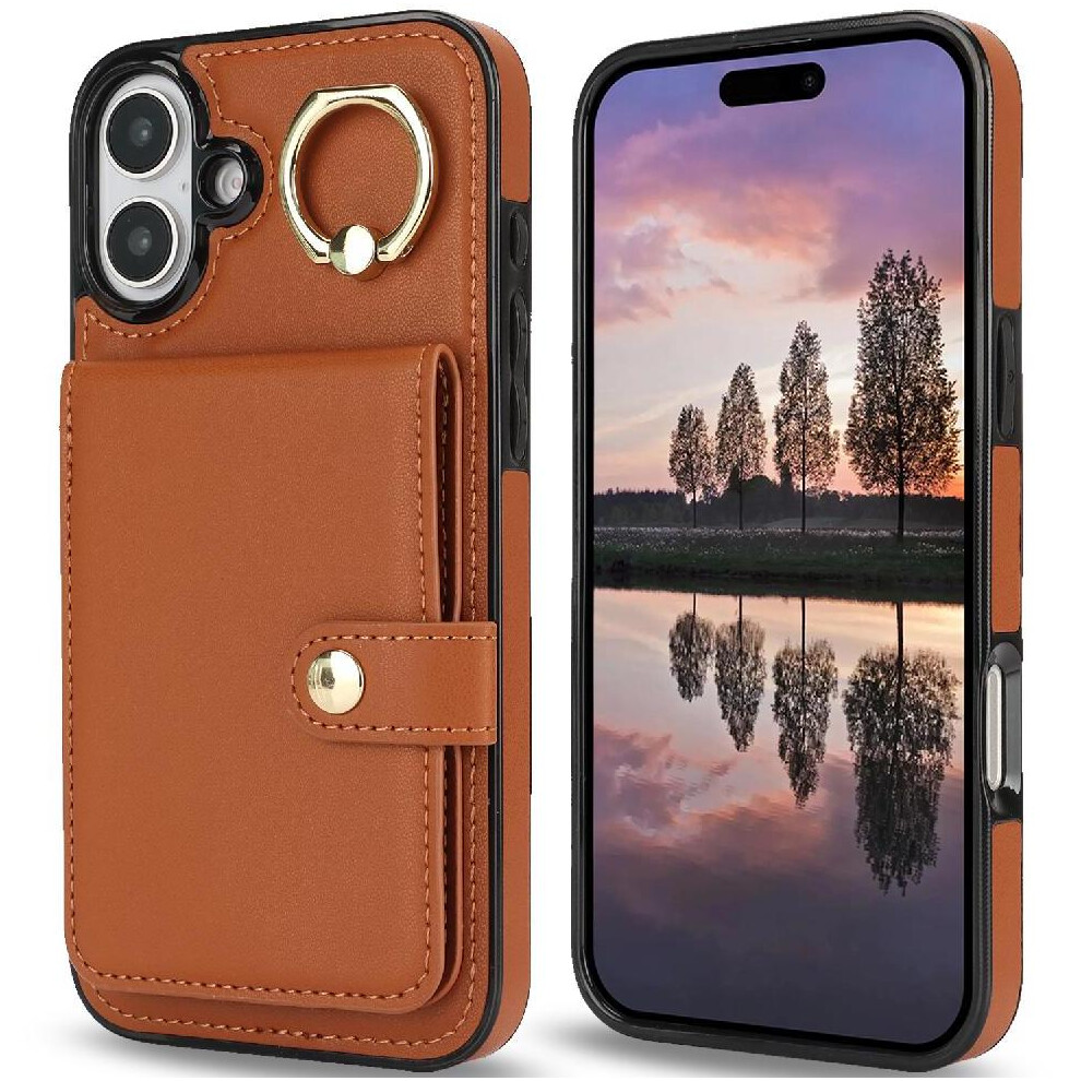 (Brown) Case For Iphone 16 Card Slot Shockproof Ring Wallet Rfid Brown 764549403875