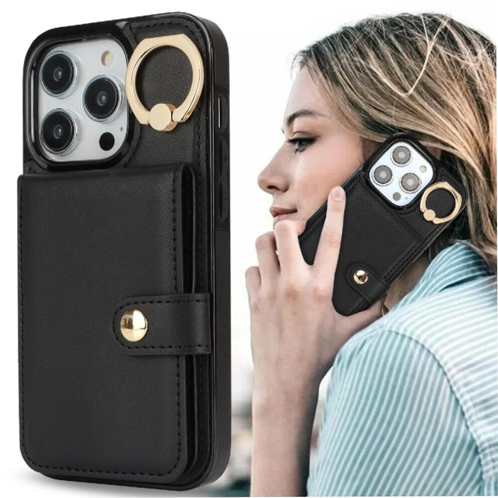 (Black) Case For Iphone 15 Pro Ring Shockproof Wallet Rfid Card Slot Black 764549404155
