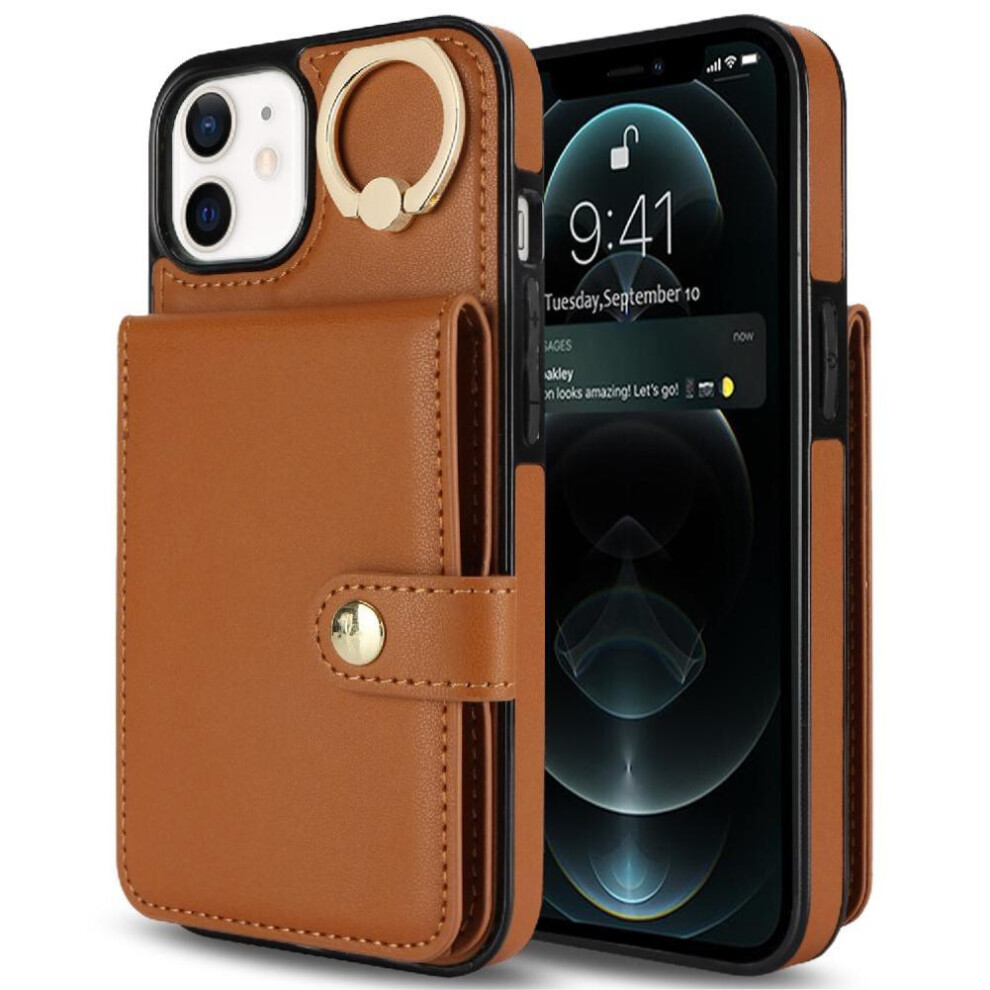 (Brown) Case For Iphone 12 Ring Shockproof Wallet Rfid Card Slot Brown 764549404827