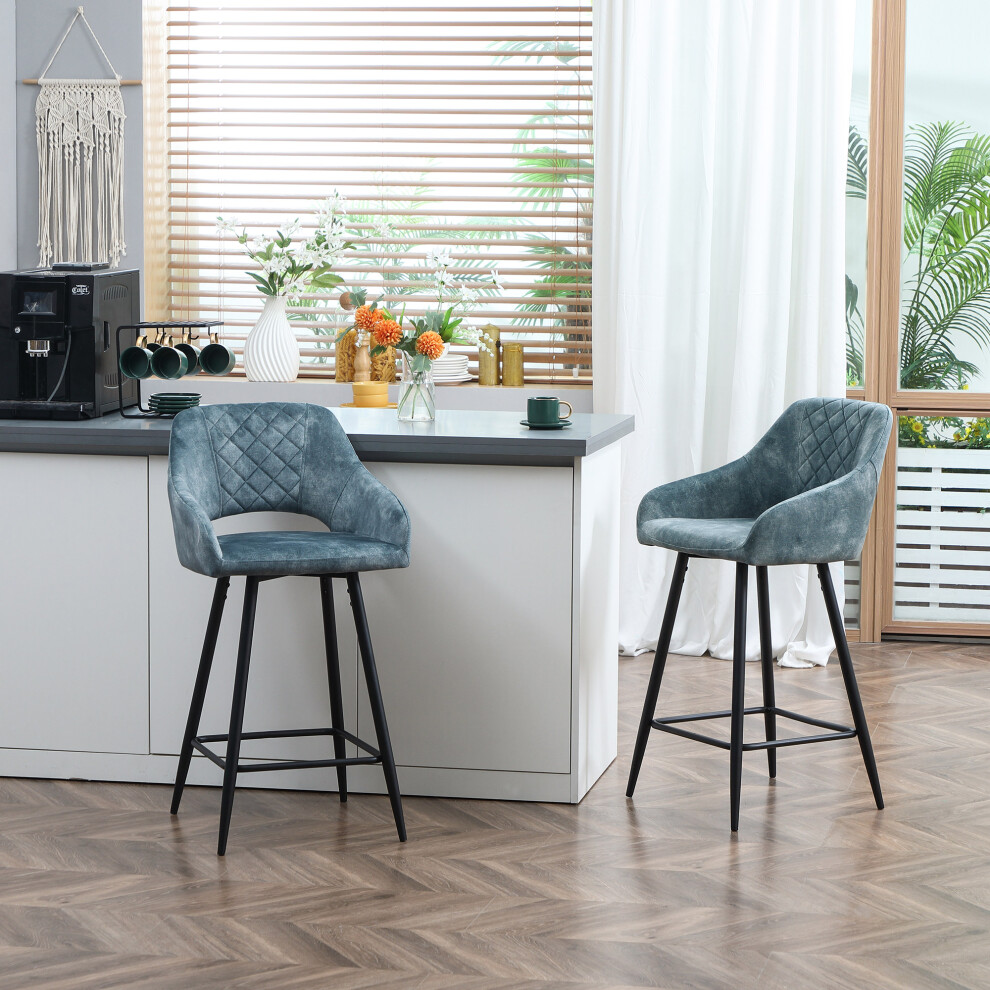 Homcom Bar Stools Set Of 2, Velvet-Touch Fabric Counter Height Bar Chairs Blue