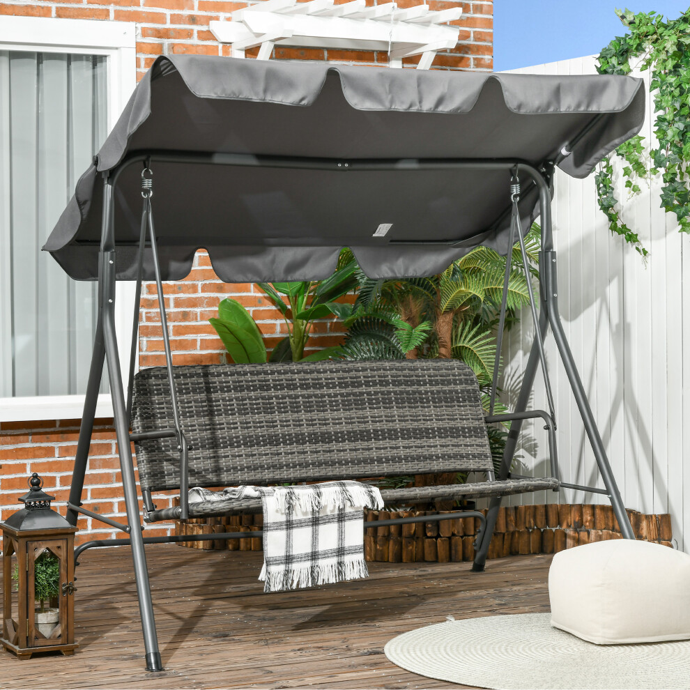Outsunny 3-Seater Rattan Swing Chair, Hanging Bench W/ Stand, Adjustable Canopy