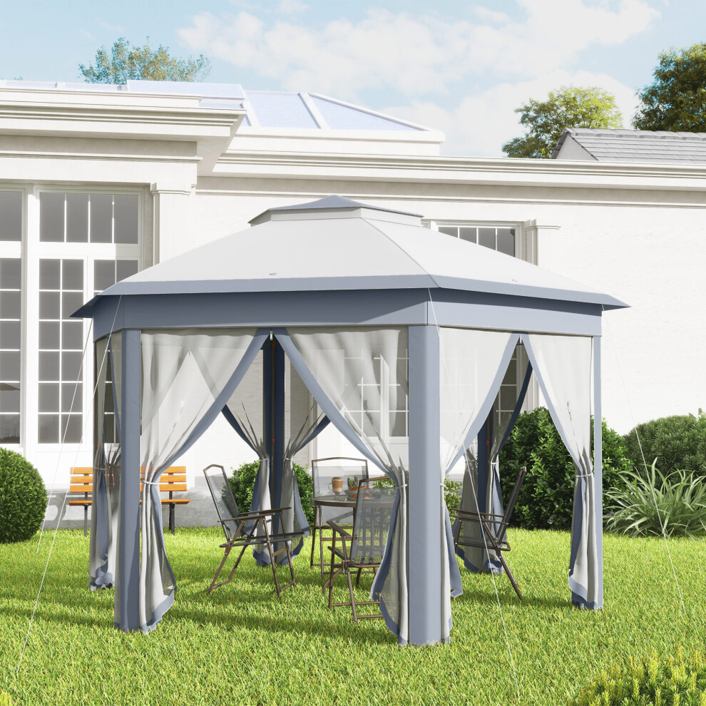 Outsunny 3x4m Hexagon Gazebo w/ Mesh Curtains Outdoor Garden, Grey