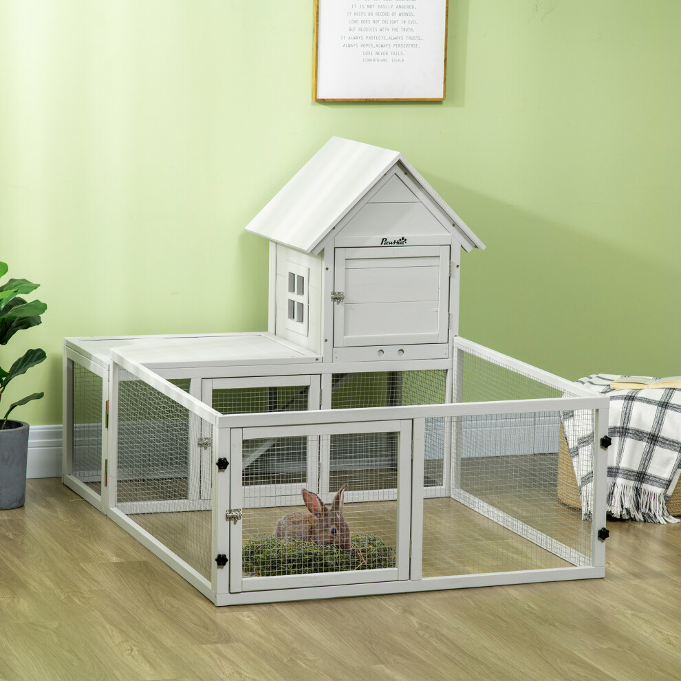 Pawhut Rabbit Hutch, Guinea Pig Cage With Run & Tray, Indoor Use, Light Grey