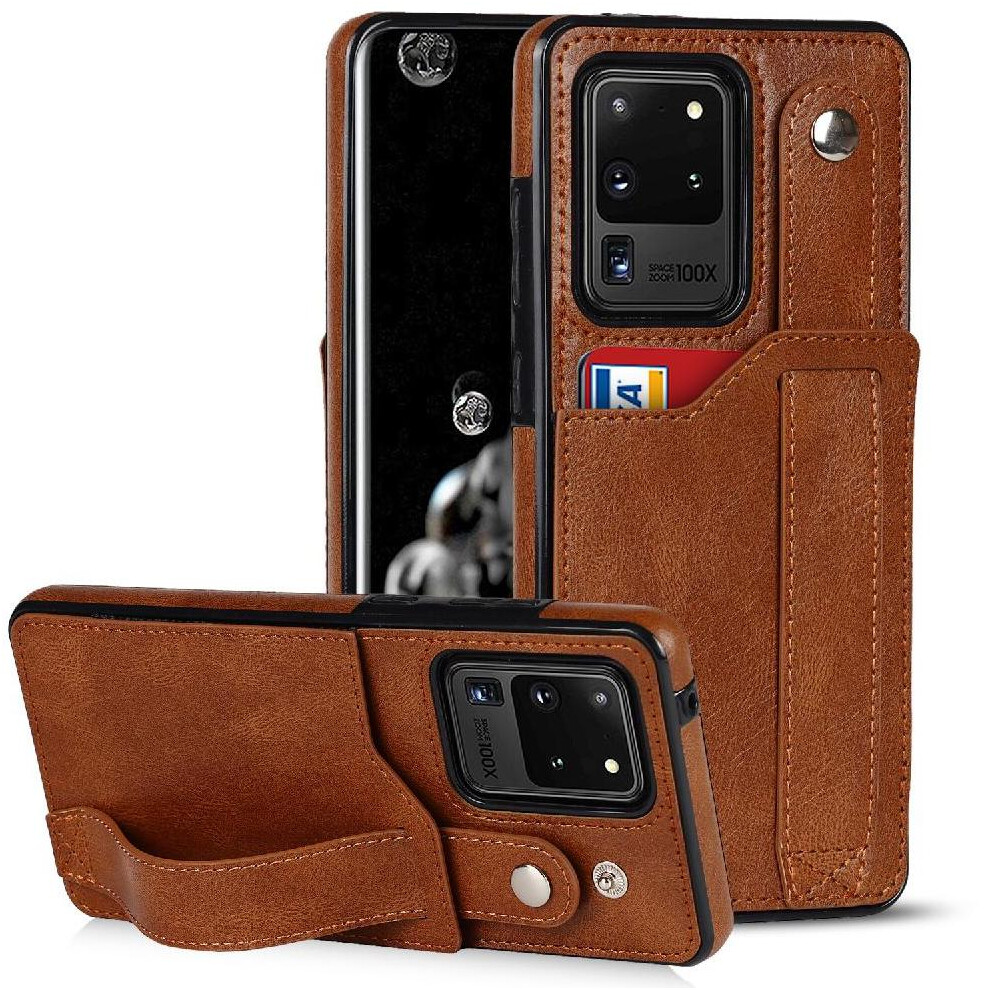 (Brown) Case For Samsung Galaxy S20 Ultra Card Slot Wristband Lightweight Rfid Blocking Brown 764549409129
