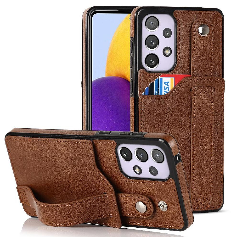 (Brown) Case For Samsung Galaxy A73 5G Wristband Card Slot Rfid Blocking Lightweight Brown 764549409471
