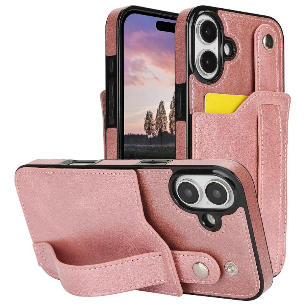 (Pink) Case For Iphone 16 Wristband Card Slot Rfid Blocking Lightweight Pink 764549410774