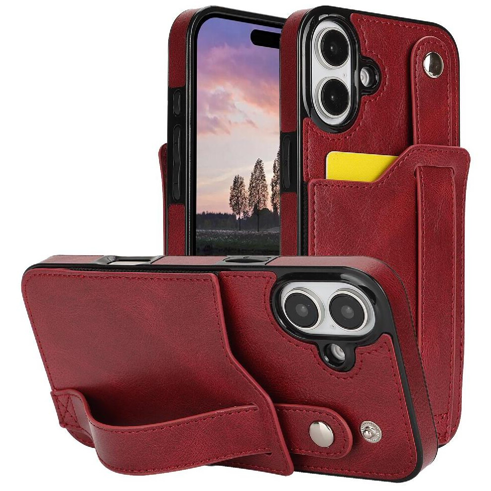 (Red) Case For Iphone 16 Wristband Card Slot Rfid Blocking Lightweight Red 764549410750