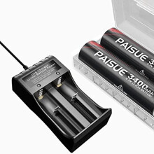 3.7V batterij, oplaadbaar, 3400mAh, 20A, Flat Top batterijen voor zaklamp, radio of deurbel met oplader, 2 stuks